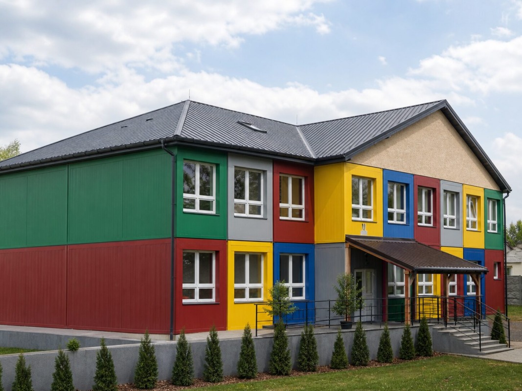Sedlová strecha nad modulárnou budovou